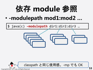  module 
? -modulepath mod1:mod2 
classpath ʹø -mp OK
Copyright?2015 NTT corp. All Rights Reserved. 53
$ java(c) Cmodulepath dir :dir :dir 
 