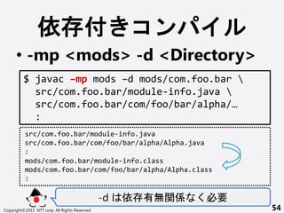   
? -mp <mods> -d <Directory>
-d  ПovS Ҫ
Copyright?2015 NTT corp. All Rights Reserved. 54
$ javac Cmp mods Cd mods/com.foo.bar 
src/com.foo.bar/module-info.java 
src/com.foo.bar/com/foo/bar/alpha/
:
src/com.foo.bar/module-info.java
src/com.foo.bar/com/foo/bar/alpha/Alpha.java
:
mods/com.foo.bar/module-info.class
mods/com.foo.bar/com/foo/bar/alpha/Alpha.class
:
 