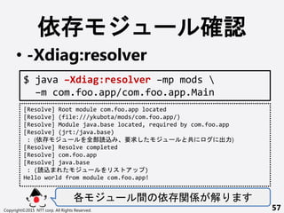  ` _J
? -Xdiag:resolver
 ` g  vS 
Copyright?2015 NTT corp. All Rights Reserved. 57
$ java CXdiag:resolver Cmp mods 
Cm com.foo.app/com.foo.app.Main
[Resolve] Root module com.foo.app located
[Resolve] (file:///ykubota/mods/com.foo.app/)
[Resolve] Module java.base located, required by com.foo.app
[Resolve] (jrt:/java.base)
: ( ` ȫiz Ҫ `  )
[Resolve] Resolve completed
[Resolve] com.foo.app
[Resolve] java.base
: (iz ` )
Hello world from module com.foo.app!
 