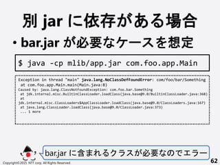 e jar   
? bar.jar Ҫ ` 붨
bar.jar  Ҫ `
Copyright?2015 NTT corp. All Rights Reserved. 62
Exception in thread "main" java.lang.NoClassDefFoundError: com/foo/bar/Something
at com.foo.app.Main.main(Main.java:8)
Caused by: java.lang.ClassNotFoundException: com.foo.bar.Something
at jdk.internal.misc.BuiltinClassLoader.loadClass(java.base@9.0/BuiltinClassLoader.java:368)
at
jdk.internal.misc.ClassLoaders$AppClassLoader.loadClass(java.base@9.0/ClassLoaders.java:167)
at java.lang.ClassLoader.loadClass(java.base@9.0/ClassLoader.java:373)
... 1 more
$ java -cp mlib/app.jar com.foo.app.Main
 