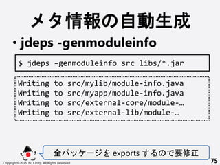 Ԅ
? jdeps -genmoduleinfo
ȫ ` exports Ҫ
Copyright?2015 NTT corp. All Rights Reserved. 75
Writing to src/mylib/module-info.java
Writing to src/myapp/module-info.java
Writing to src/external-core/module-
Writing to src/external-lib/module-
$ jdeps Cgenmoduleinfo src libs/*.jar
 