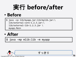 g before/after
? Before
? After
Copyright?2015 NTT corp. All Rights Reserved. 79
$ java Ccp lib/myapp.jar:lib/mylib.jar:
lib/external-core-1.2.3.jar:
lib/external-lib-1.2.3.jar 
myapp.Main
$ java Cmp mlib:lib Cm myapp
 