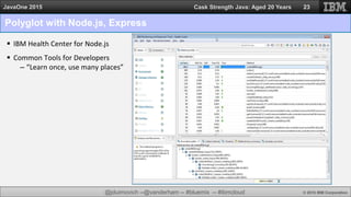 @jduimovich --@vanderham -- #bluemix -- #ibmcloud © 2015 IBM Corporation
JavaOne 2015 Cask Strength Java: Aged 20 Years
Polyglot with Node.js, Express
 IBM Health Center for Node.js
 Common Tools for Developers
– “Learn once, use many places”
23
 