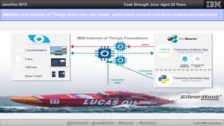 @jduimovich --@vanderham -- #bluemix -- #ibmcloud © 2015 IBM Corporation
JavaOne 2015 Cask Strength Java: Aged 20 Years
Mobility and Internet of Things drive new use cases, particularly around real-time contextual experience
 