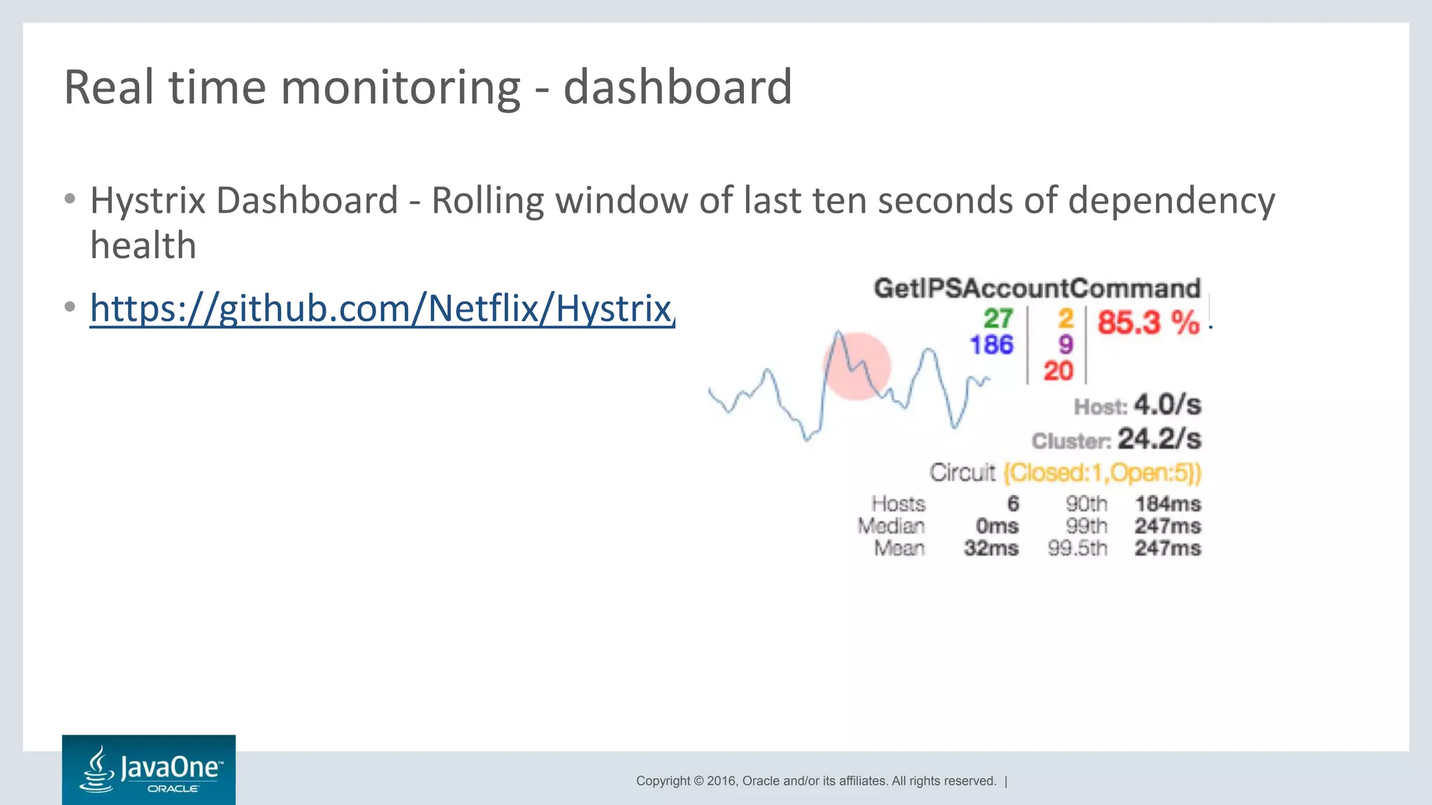 Copyright © 2016, Oracle and/or its affiliates. All rights reserved. |
Real time monitoring - dashboard
• Hystrix Dashboard - Rolling window of last ten seconds of dependency
health
• https://github.com/Netflix/Hystrix/tree/master/hystrix-dashboard
 