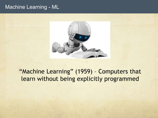 Machine Learning - ML
“Machine Learning” (1959) – Computers that
learn without being explicitly programmed
 