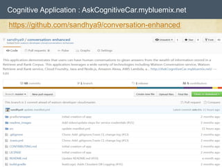 Cognitive Application : AskCognitiveCar.mybluemix.net
https://github.com/sandhya9/conversation-enhanced
 