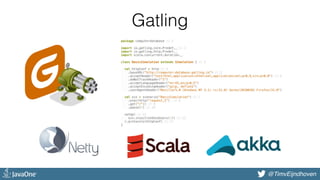 @bjschrijver@TimvEijndhoven
Gatling
package computerdatabase // 1
import io.gatling.core.Predef._ // 2
import io.gatling.http.Predef._
import scala.concurrent.duration._
class BasicSimulation extends Simulation { // 3
val httpConf = http // 4
.baseURL("http://computer-database.gatling.io") // 5
.acceptHeader("text/html,application/xhtml+xml,application/xml;q=0.9,*/*;q=0.8") // 6
.doNotTrackHeader("1")
.acceptLanguageHeader("en-US,en;q=0.5")
.acceptEncodingHeader("gzip, deflate")
.userAgentHeader("Mozilla/5.0 (Windows NT 5.1; rv:31.0) Gecko/20100101 Firefox/31.0")
val scn = scenario("BasicSimulation") // 7
.exec(http("request_1") // 8
.get("/")) // 9
.pause(5) // 10
setUp( // 11
scn.inject(atOnceUsers(1)) // 12
).protocols(httpConf) // 13
}
 