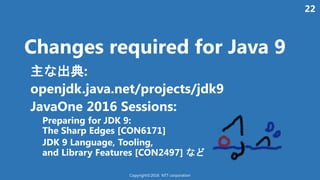 22
Changes required for Java 9
主 出典:
openjdk.java.net/projects/jdk9
JavaOne 2016 Sessions:
Preparing for JDK 9:
The Sharp Edges [CON6171]
JDK 9 Language, Tooling,
and Library Features [CON2497]
Copyright©2016 NTT corporation
 