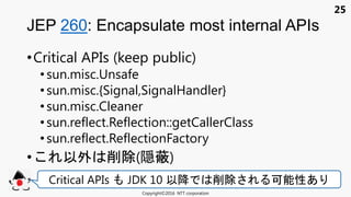 25
•Critical APIs (keep public)
• sun.misc.Unsafe
•sun.misc.{Signal,SignalHandler}
• sun.misc.Cleaner
• sun.reflect.Reflection::getCallerClass
• sun.reflect.ReflectionFactory
• 以外 削除(隠蔽)
JEP 260: Encapsulate most internal APIs
Copyright©2016 NTT corporation
Critical APIs JDK 10 以降 削除 可能性あ
 