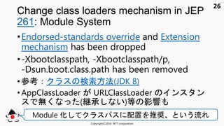 26
•Endorsed-standards override and Extension
mechanism has been dropped
•-Xbootclasspath, -Xbootclasspath/p,
-Dsun.boot.class.path has been removed
• 参考： 検索方法(JDK 8)
• AppClassLoader URLClassLoader ン ン
無く (継承 い)等 影響
Change class loaders mechanism in JEP
261: Module System
Copyright©2016 NTT corporation
Module 化 配置 推奨 いう流
 
