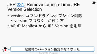 29
•-version: コ ン ン ョン削除
•-version く : 付く方
•JAR Manifest JRE-Version 削除
JEP 231: Remove Launch-Time JRE
Version Selection
Copyright©2016 NTT corporation
起動時 ョン指定 く
 