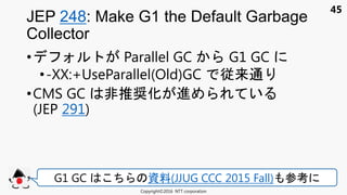 45
• Parallel GC G1 GC
•-XX:+UseParallel(Old)GC 従来通
•CMS GC 非推奨化 進 い
(JEP 291)
JEP 248: Make G1 the Default Garbage
Collector
Copyright©2016 NTT corporation
G1 GC 資料(JJUG CCC 2015 Fall) 参考
 