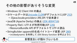 49
影響 あ う 変更
Copyright©2016 NTT corporation
影響度合い 掴 い
• Windows 32 Client VM 廃止
• Unicode CLDR (JEP 252)
• -Djava.locale.providers=JRE,SPI 従来通
• JavaDB (Apache Derby) 廃止 (JDK-8004716)
• Property file UTF-8 利用可能(JEP 226)
• ResourceBundle API UTF-8 読込
• StringBuilder::append 生成 コ 変更 (JEP 280)
• invokedynamic 利用 JDK library function ぶ う
 