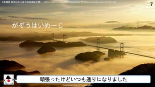7
う い
Copyright©2016 NTT corporation
頑張 け い 通
愛媛県 亀老山 望 来島海峡大橋 , METI, Creative Commons Attribution 4.0 International License (CC BY 4.0)
 