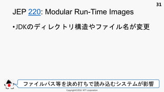 31
•JDK 構造 ァ 変更
JEP 220: Modular Run-Time Images
Copyright©2016 NTT corporation
ァ 等 決 打 読 込 影響
 