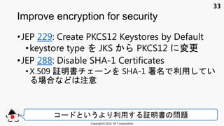 33
•JEP 229: Create PKCS12 Keystores by Default
•keystore type JKS PKCS12 変更
•JEP 288: Disable SHA-1 Certificates
• X.509 ...