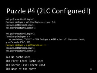 Puzzle	
  #4	
  (2LC	
  Configured!)
em1.getTransaction().begin(); 
Employee employee = em1.find(Employee.class, 2L); 
employee.getAddress().size();
em1.getTransaction().commit(); a
em2.getTransaction().begin(); 
TypedQuery<Employee> q =
em.createQuery("SELECT e FROM Employee e WHERE e.id=:id", Employee.class);
q.setParameter("id", 2l); 
Employee employee = q.getSingleResult();
employee.getAddress().size();
em2.getTransaction().commit();
 
(A) No cache used
(B) First Level Cache used
(C) Second Level Cache used
(D) None of the above 38
 