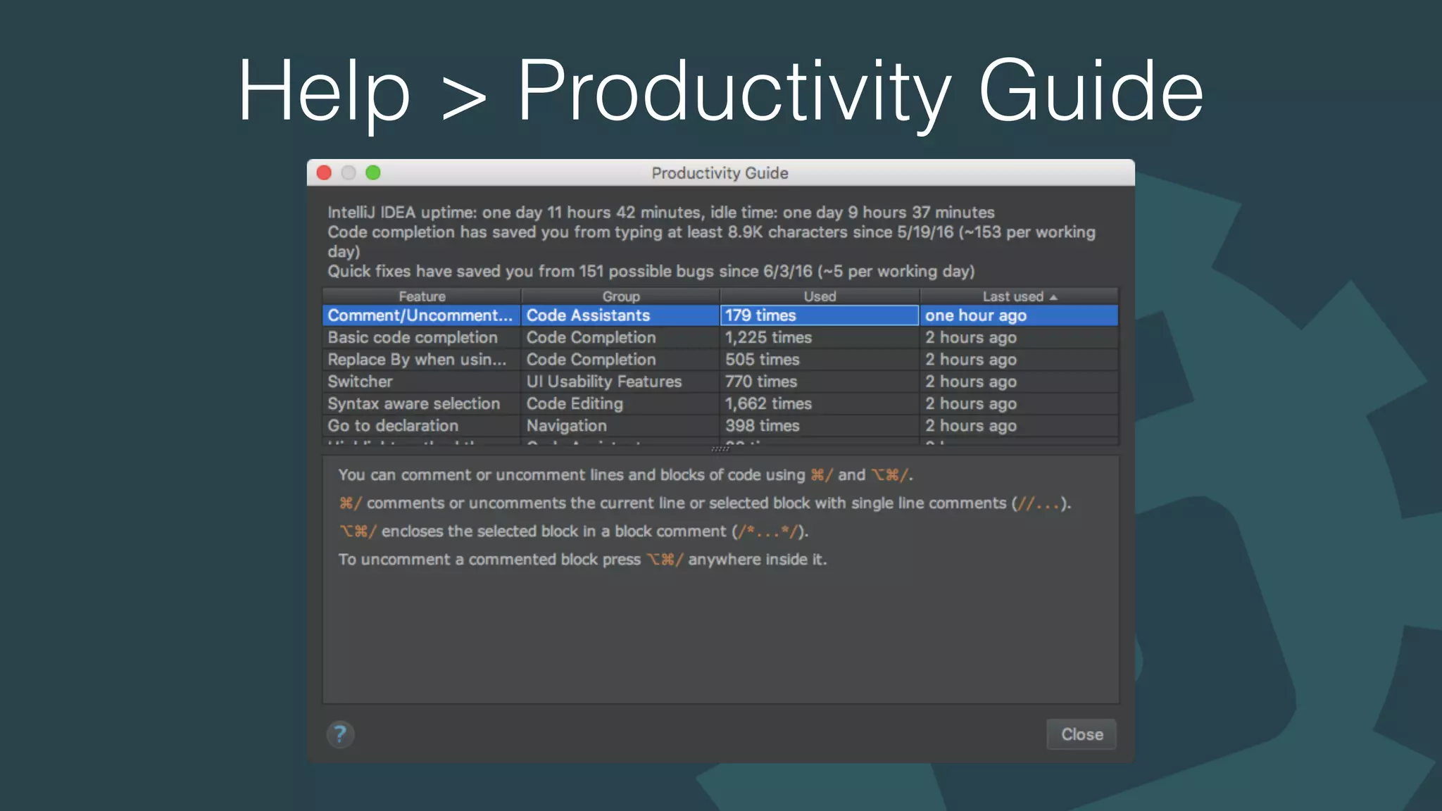 Help > Productivity Guide
 