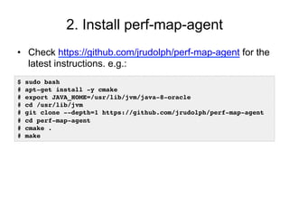 2. Install perf-map-agent
• Check https://github.com/jrudolph/perf-map-agent for the
latest instructions. e.g.:
$ sudo bash
# apt-get install -y cmake
# export JAVA_HOME=/usr/lib/jvm/java-8-oracle
# cd /usr/lib/jvm
# git clone --depth=1 https://github.com/jrudolph/perf-map-agent
# cd perf-map-agent
# cmake .
# make