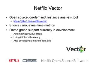 Netflix Vector
• Open source, on-demand, instance analysis tool
– https://github.com/netflix/vector
• Shows various real-time metrics
• Flame graph support currently in development
– Automating previous steps
– Using it internally already
– Also developing a new d3 front end