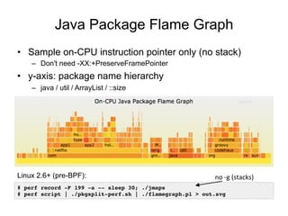Java Package Flame Graph
• Sample on-CPU instruction pointer only (no stack)
– Don't need -XX:+PreserveFramePointer
• y-axis: package name hierarchy
– java / util / ArrayList / ::size
# perf record -F 199 -a -- sleep 30; ./jmaps
# perf script | ./pkgsplit-perf.sh | ./flamegraph.pl > out.svg
no -g (stacks) Linux 2.6+ (pre-BPF):