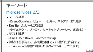 キーワード
Microservices 2/3
• データ共有
»Event-Sourcing、ビュー、トリガー、ストアド、ETL連携
• Resilientなサービス設計
»タイムアウト、リトライ、サーキットブレーカー、遅延対応…
• テスト戦略
»Consumer-Driven Contract testing
• 疎結合を優先し、非同期処理での不整合を許容する
»「Amazonは処理に失敗したらクーポンを出しているよ」
32
 
