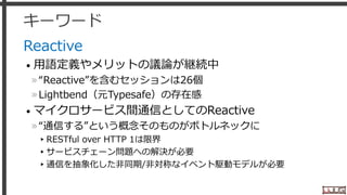 キーワード
Reactive
• 用語定義やメリットの議論が継続中
»“Reactive”を含むセッションは26個
»Lightbend（元Typesafe）の存在感
• マイクロサービス間通信としてのReactive
»“通信する”という概念そのものがボトルネックに
▸RESTful over HTTP 1は限界
▸サービスチェーン問題への解決が必要
▸通信を抽象化した非同期/非対称なイベント駆動モデルが必要
34
 