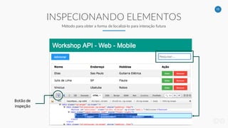 15
INSPECIONANDO ELEMENTOS
Método para obter a forma de localizá-lo para interação futura
Botão de
inspeção
 
