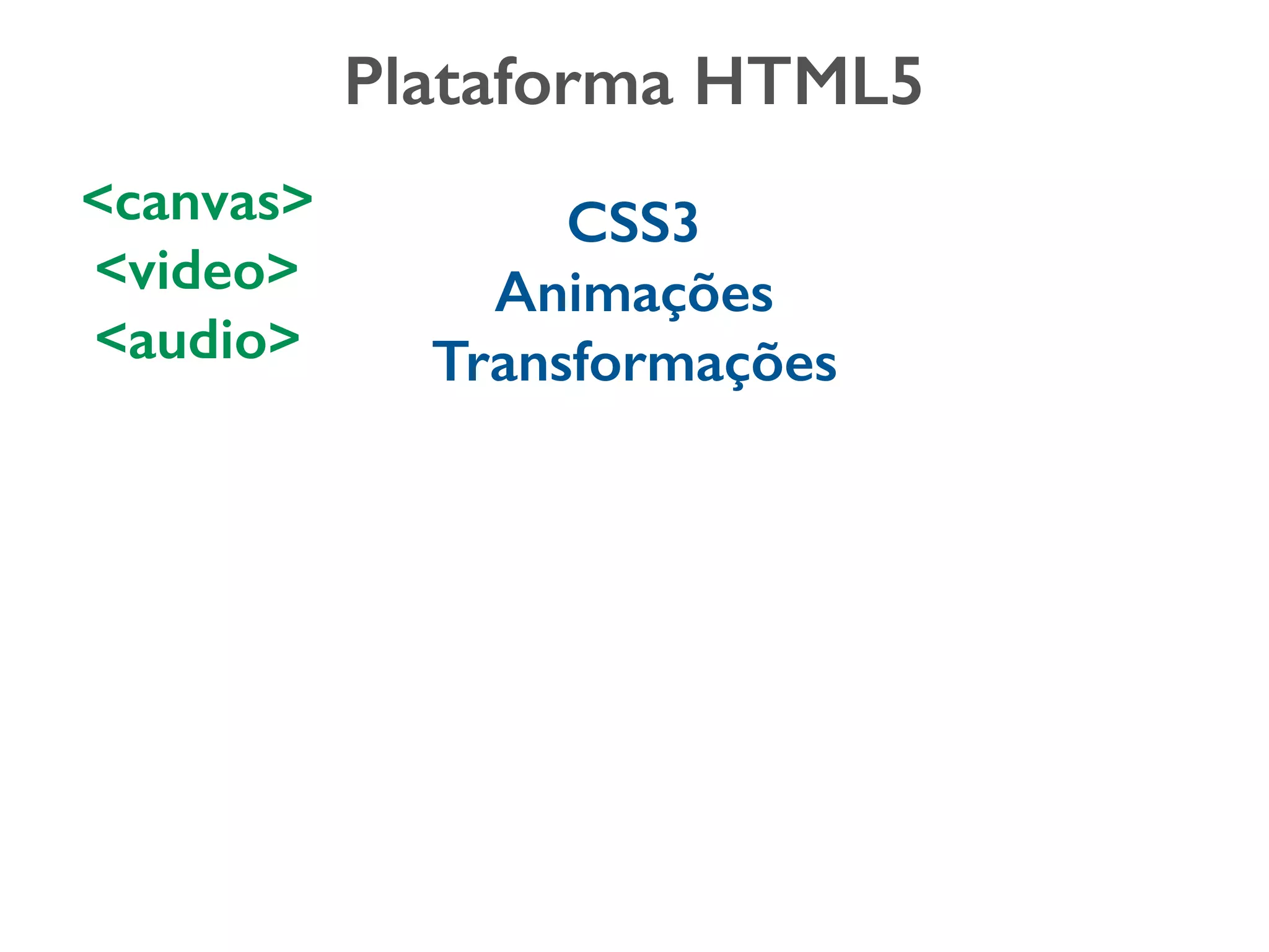 Plataforma HTML5 <canvas> <video> <audio> CSS3 Animações Transformações 