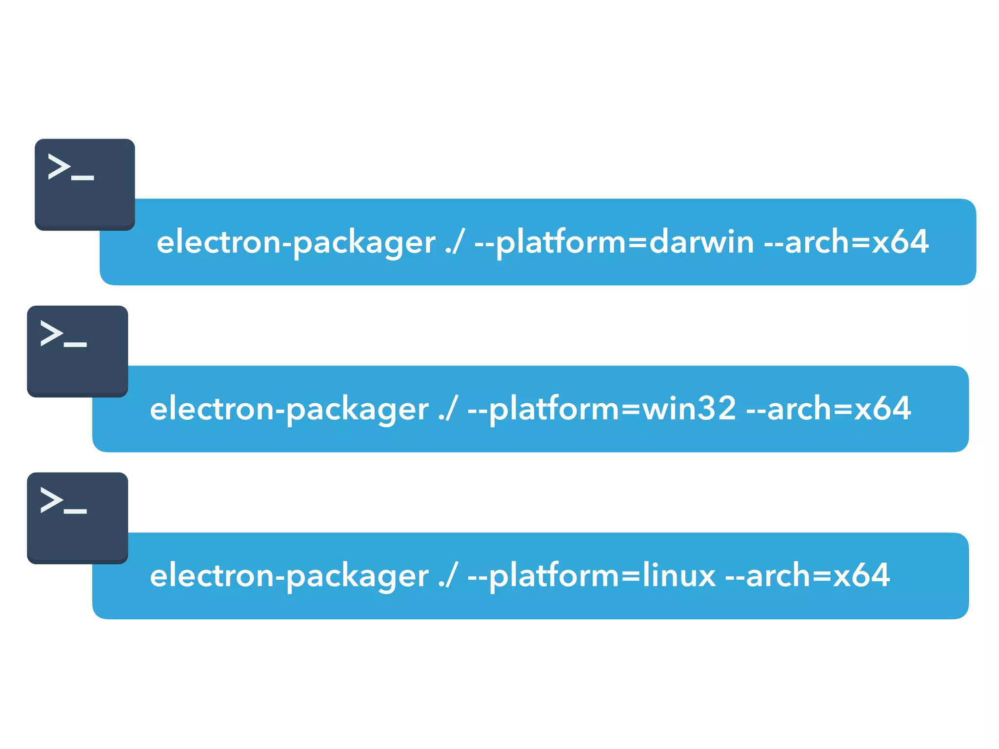 electron-packager ./ --platform=darwin --arch=x64 electron-packager ./ --platform=win32 --arch=x64 electron-packager ./ --platform=linux --arch=x64 