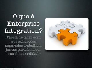 O que é
       Enterprise
      Integration?
         Tarefa de fazer com
           que aplicações
        separadas trabalhem
        juntas para fornecer
         uma funcionalidade



Wednesday, December 14, 11
 