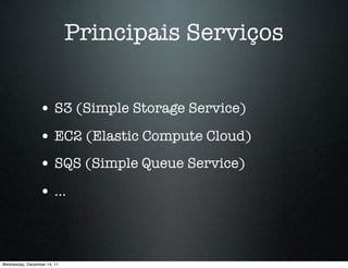 Principais Serviços


                 • S3 (Simple Storage Service)
                 • EC2 (Elastic Compute Cloud)
                 • SQS (Simple Queue Service)
                 • ...



Wednesday, December 14, 11
 