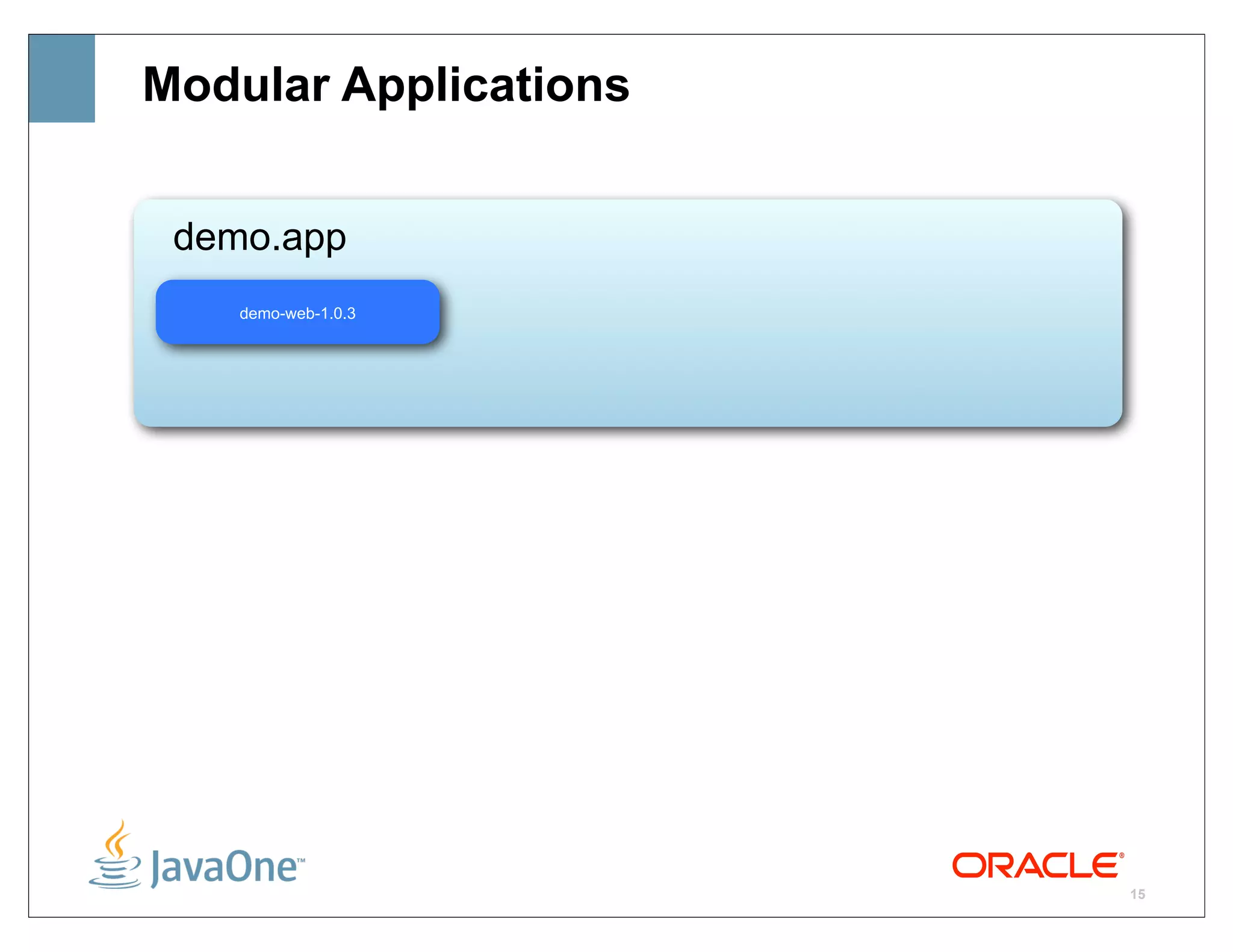 Modular Applications


 demo.app
    demo-web-1.0.3




                       15
 