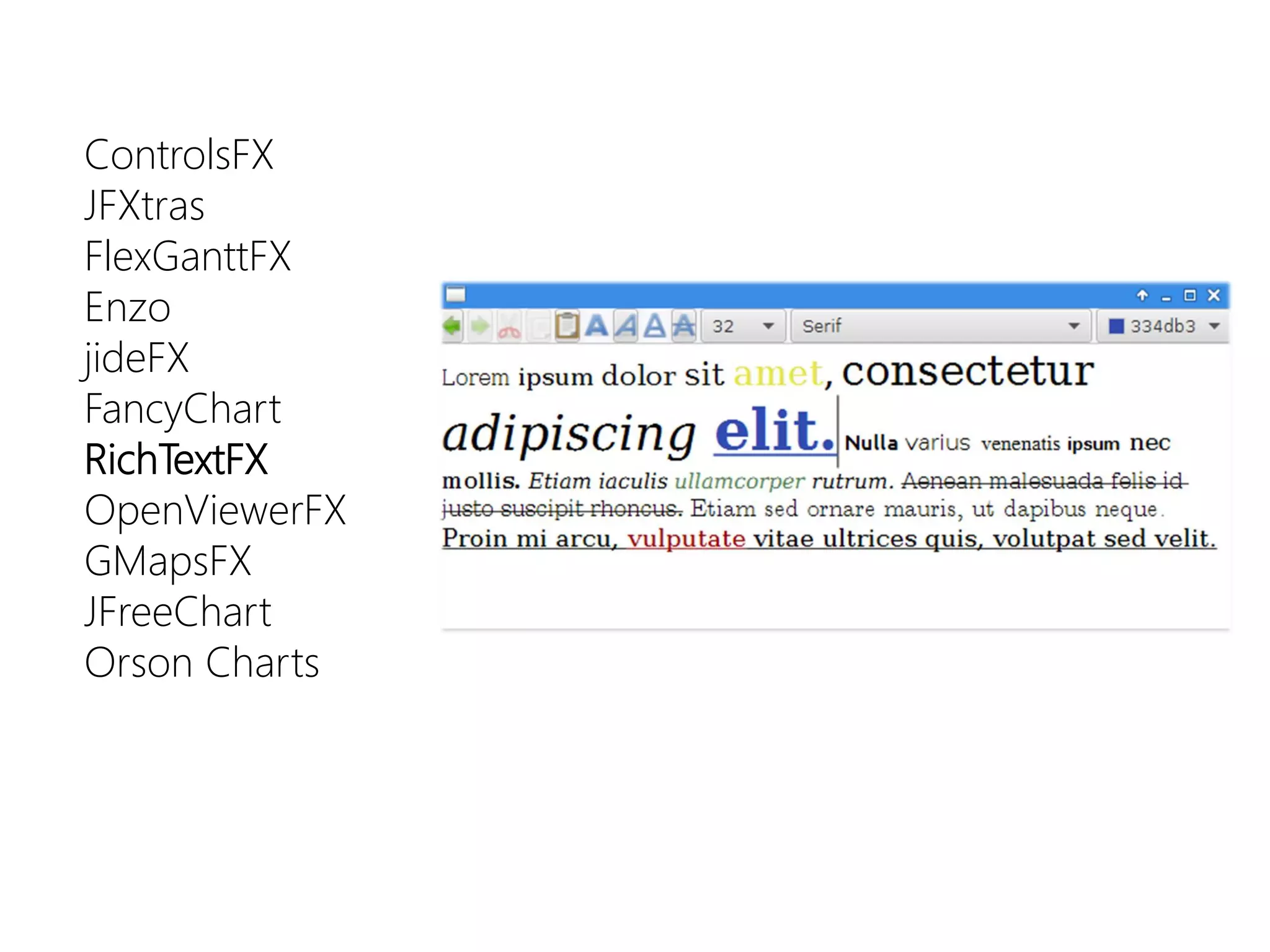 ControlsFX 
JFXtras 
FlexGanttFX 
Enzo 
jideFX 
FancyChart 
RichTextFX 
OpenViewerFX 
GMapsFX 
JFreeChart 
Orson Charts  