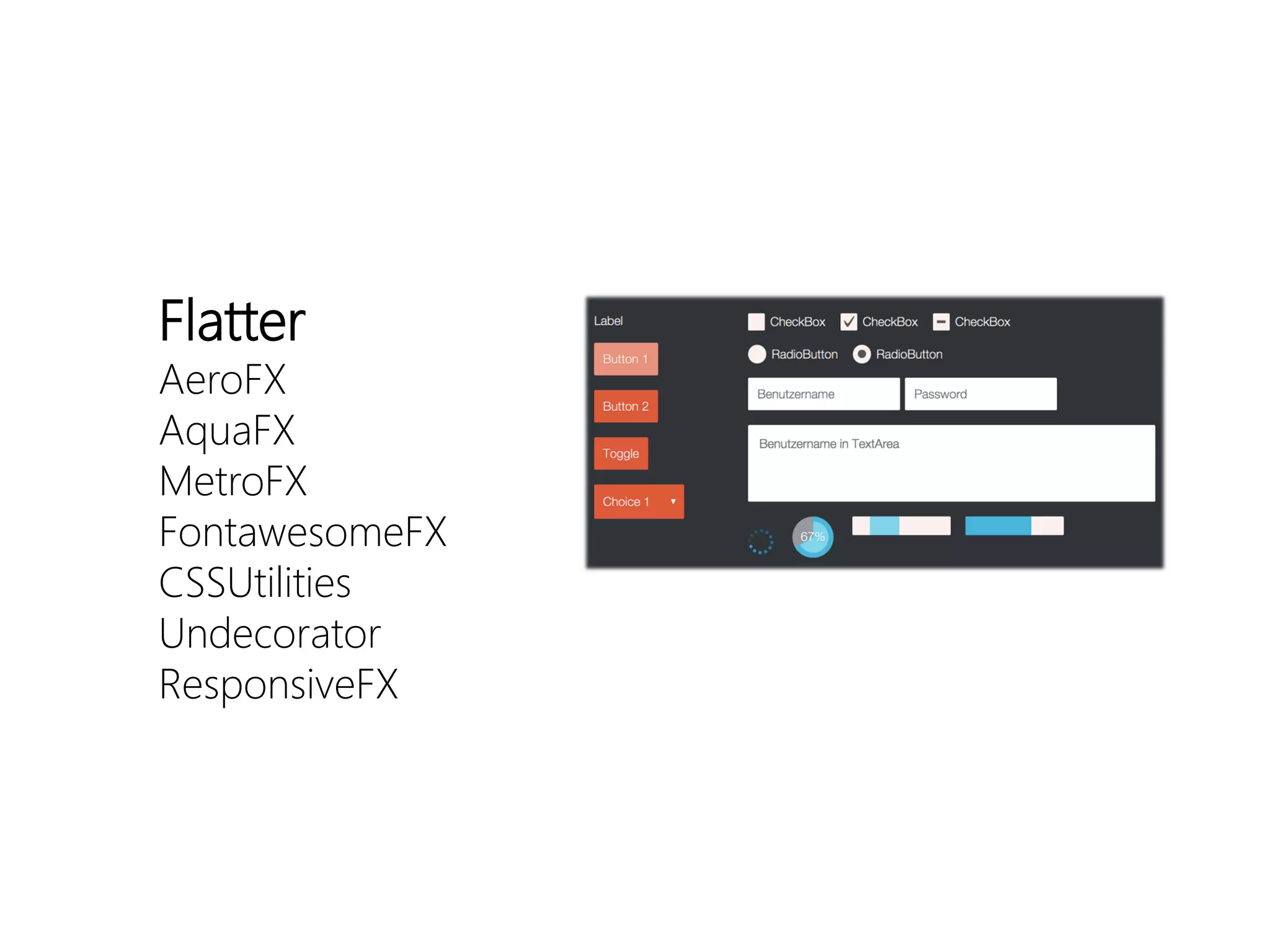Flatter 
AeroFX 
AquaFX 
MetroFX 
FontawesomeFX 
CSSUtilities 
Undecorator 
ResponsiveFX  
