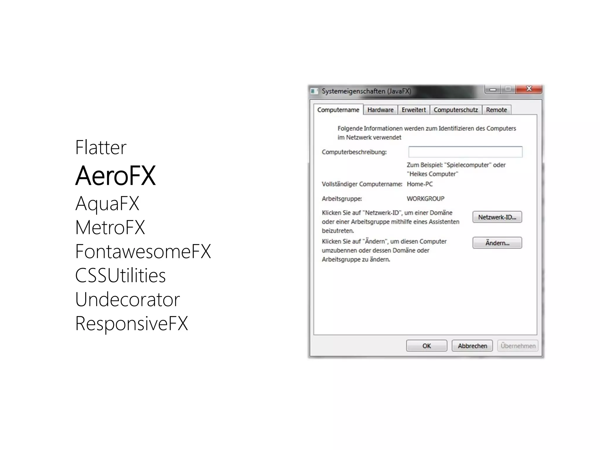Flatter 
AeroFX 
AquaFX 
MetroFX 
FontawesomeFX 
CSSUtilities 
Undecorator 
ResponsiveFX  
