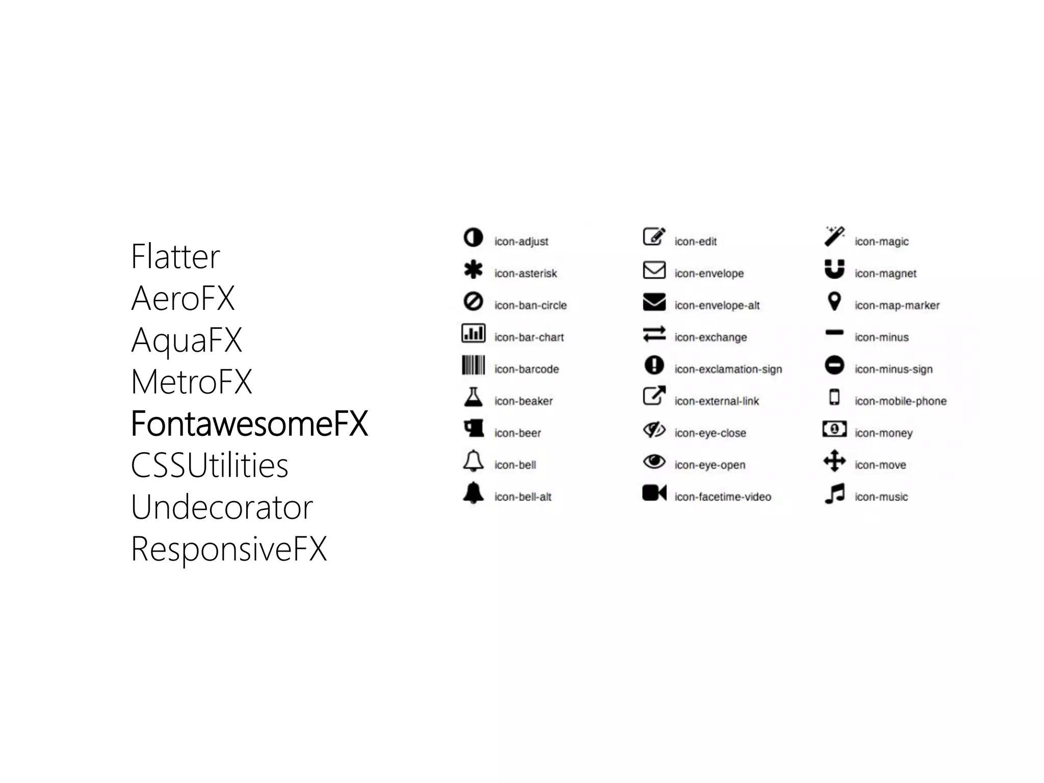 Flatter 
AeroFX 
AquaFX 
MetroFX 
FontawesomeFX 
CSSUtilities 
Undecorator 
ResponsiveFX  