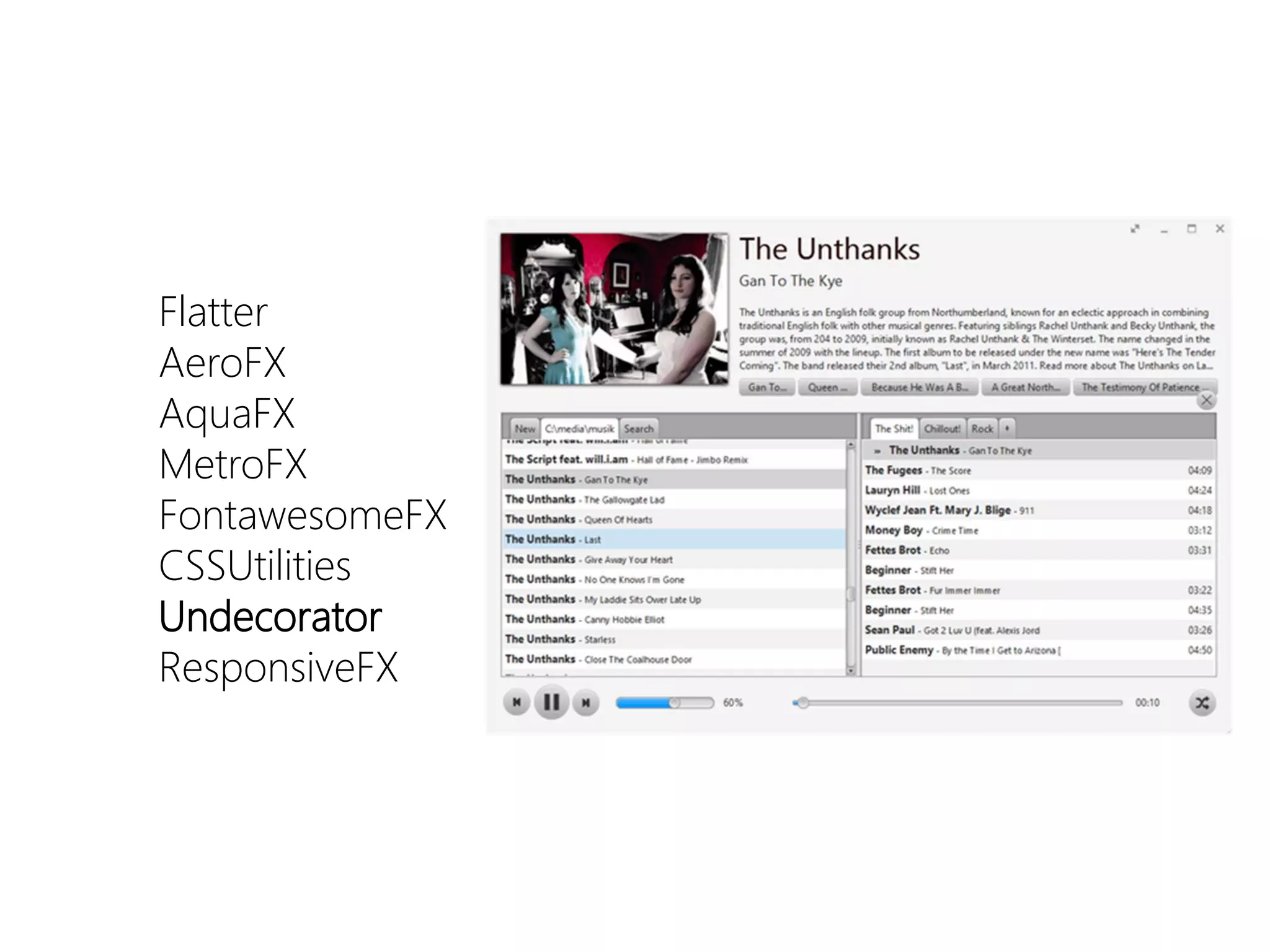Flatter 
AeroFX 
AquaFX 
MetroFX 
FontawesomeFX 
CSSUtilities 
Undecorator 
ResponsiveFX  