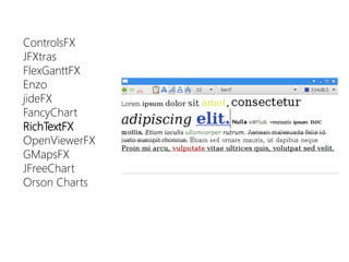 ControlsFX 
JFXtras 
FlexGanttFX 
Enzo 
jideFX 
FancyChart 
RichTextFX 
OpenViewerFX 
GMapsFX 
JFreeChart 
Orson Charts  