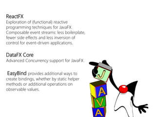 ReactFX 
Exploration of(functional) reactiveprogrammingtechniquesforJavaFX. Composableeventstreams: lessboilerplate, fewersideeffectsandlessinversionofcontrolforevent-drivenapplications. 
DataFXCore 
Advanced Concurrency support for JavaFX. 
EasyBindprovidesadditional waystocreatebindings, whetherbystatichelpermethodsoradditional operationson observable values.  