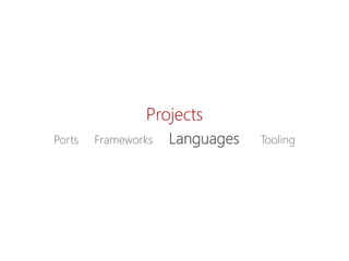 Projects 
Ports Frameworks LanguagesTooling  