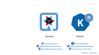@Chris__Bailey
Quarkus Knative
http://github.com/quarkusio
http://twitter.com/QuarkusIO
https://quarkus.io
https://github.com/knative
https://twitter.com/knativeproject
https://knative.dev
 