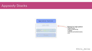 @Chris__Bailey
Appsody Stacks
Optimize for target platform
• OpenTracing
• Metrics/Monitoring
• Logging
• Security and Authentication
• etc
Application Functions
Docker
JAX-RS
 