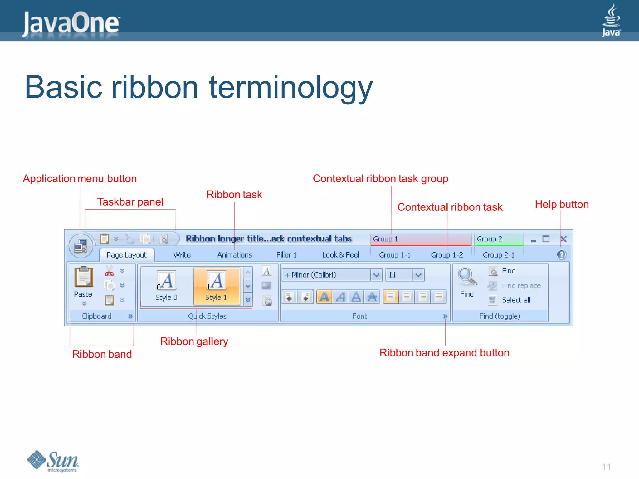 Basic ribbon terminology

Application menu button                          Contextual ribbon task group
                                   Ribbon task
              Taskbar panel                                                                Help button
                                                                  Contextual ribbon task




                          Ribbon gallery
         Ribbon band                                          Ribbon band expand button




                                                                                                         11
 