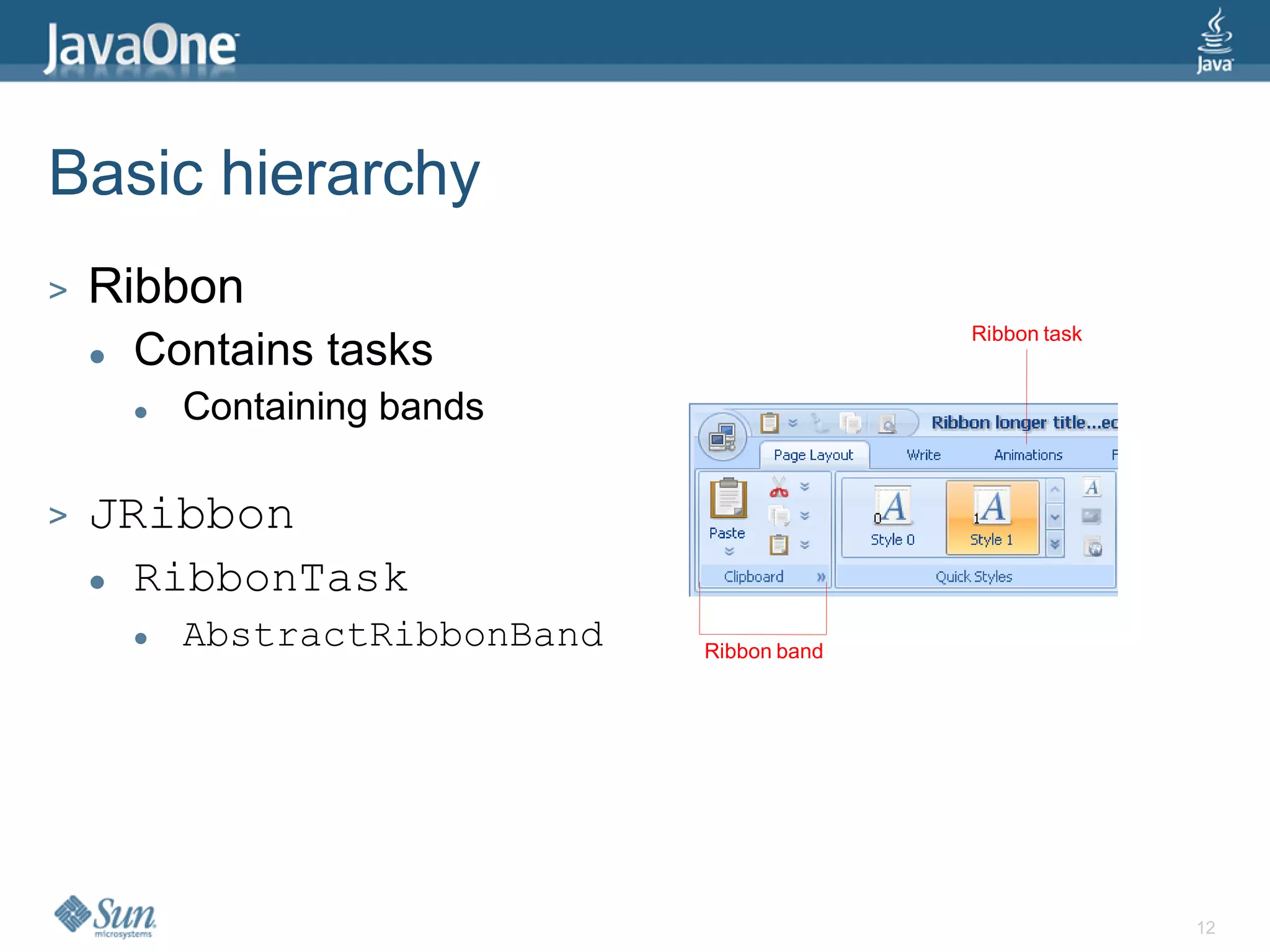 Basic hierarchy
>   Ribbon
                                               Ribbon task
       Contains tasks
           Containing bands

>   JRibbon
       RibbonTask
           AbstractRibbonBand   Ribbon band




                                                             12
 