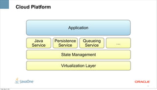 Cloud Platform



                                               Application


                              Java      Persistence    Queueing
                                                                  …
                             Service      Service       Service

                                           State Management

                                           Virtualization Layer



                                                                      10

Friday, May 13, 2011
 