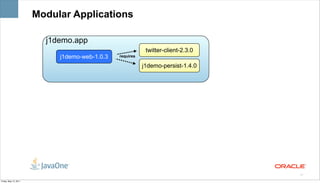 Modular Applications

                         j1demo.app
                                                           twitter-client-2.3.0
                            j1demo-web-1.0.3   requires

                                                          j1demo-persist-1.4.0




                                                                                  17

Friday, May 13, 2011
 