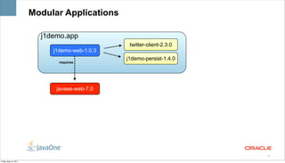Modular Applications

                         j1demo.app
                                                twitter-client-2.3.0
                            j1demo-web-1.0.3
                                               j1demo-persist-1.4.0
                              requires




                             javaee-web-7.0




                                                                       18

Friday, May 13, 2011
 