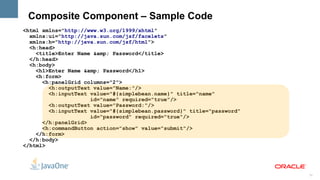 Composite Component – Sample Code
<html xmlns="http://www.w3.org/1999/xhtml"
  xmlns:ui="http://java.sun.com/jsf/facelets"
  xmlns:h="http://java.sun.com/jsf/html">
  <h:head>
    <title>Enter Name &amp; Password</title>
  </h:head>
  <h:body>
    <h1>Enter Name &amp; Password</h1>
    <h:form>
      <h:panelGrid columns="2">
        <h:outputText value="Name:"/>
        <h:inputText value="#{simplebean.name}" title="name"
                     id="name" required="true"/>
        <h:outputText value="Password:"/>
        <h:inputText value="#{simplebean.password}" title="password"
                     id="password" required="true"/>
      </h:panelGrid>
      <h:commandButton action="show" value="submit"/>
    </h:form>
  </h:body>
</html>




                                                                       12
 